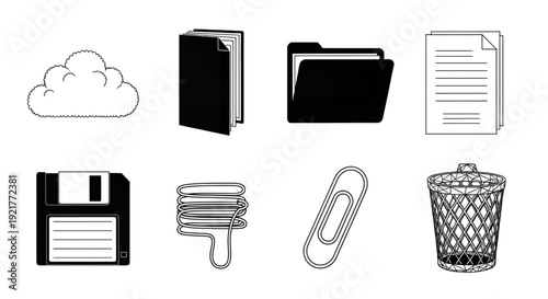 Collection of black and white office supply icons on white background