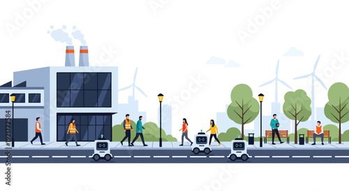 Automated Urban Landscape: Autonomous Delivery Robots, Modern Factory & Green Energy Integration