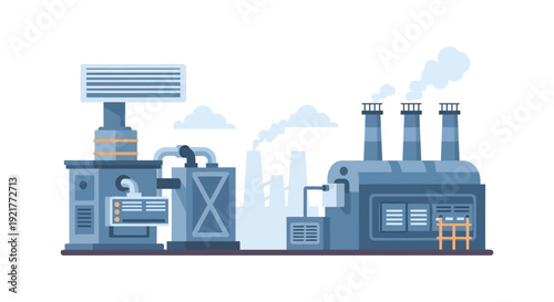 Industrial Factory Plant with Smokestacks. Flat Design Vector Illustration of Manufacturing and Energy Production Facilities.