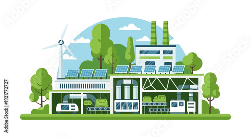 Green Energy Factory with Solar Panels and Wind Turbine - Sustainable Industrial Production & Clean Technology