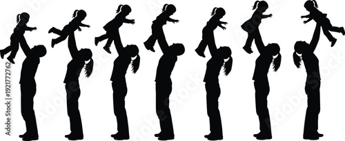 Minimalist black silhouette illustration of adult lifting child into air, lifestyle concept symbolizing joy, growth, bonding, parenting, family love, and playful interaction.