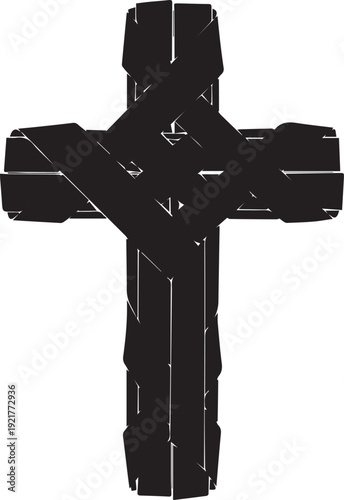 Rustic wooden cross silhouette vector illustration line art with textured details on background