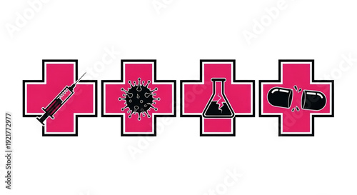 Medical icons syringe virus flask capsule pink cross