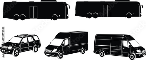 Vehicle silhouette set featuring buses vans and cars, public transport and delivery vehicles, black transportation icons isolated vector illustration