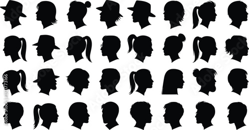 Minimalist black silhouette illustration of diverse human head profiles, lifestyle concept symbolizing individuality, diversity, identity, hairstyles, fashion, and unique personal appearance.