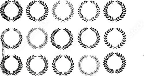 Black silhouette and line illustration of sixteen laurel wreath designs in diverse styles, symbolizing victory, honor, achievement, awards, and ceremonial recognition
