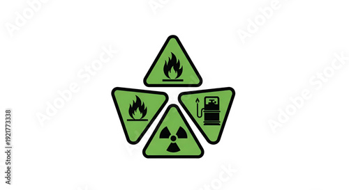 Safety signs with fire hazard and radioactive warning green colors