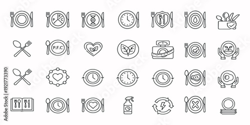 Healthy Diet Nutrition and Meal Planning Icon Set Featuring Vector Line Art for Fasting Fitness Weight Loss and Balanced Wellness Concepts