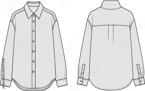 Classic button down shirt mockup front and back view, long sleeve formal apparel template with detailed stitching, outline vector illustration for fashion design