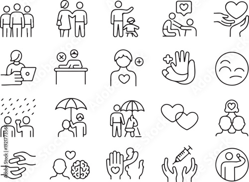wellness icons set mental health support care community therapy