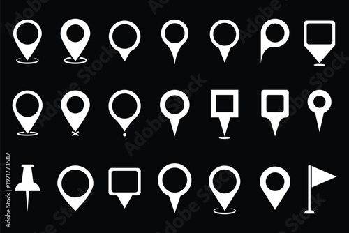 pinpoint location icon set with markers, map pins, navigation signs, and geo symbols. Location, map, and pin icon collection. GPS, place, markers, pinpoing, position, and navigation icons set. Eps 10.