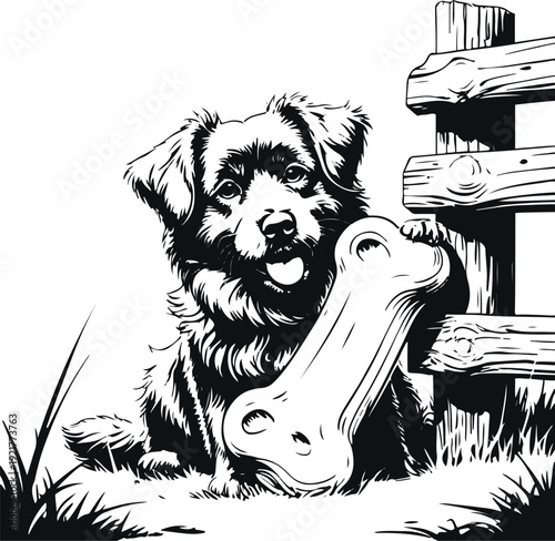 Ultra bold contour illustration of a countryside dog chewing large bone near wooden fence, exaggerated thick black lines, flat monochrome 3