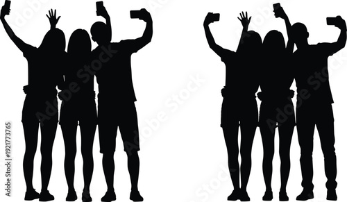 Friends taking selfie silhouettes group of young people using smartphones isolated on white background social media black vector illustration