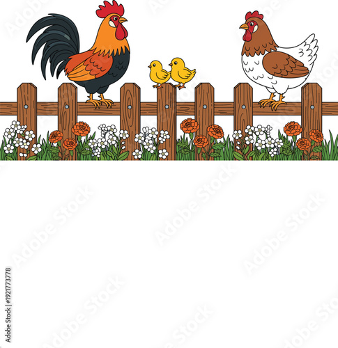 Rooster and Hen with Cute Yellow Chicks Sitting on Wooden Fence with Garden Flowers Farm Cartoon Vector Illustration