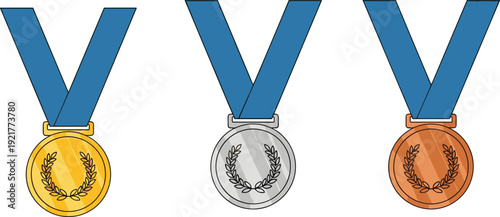 Gold silver bronze medals set, award achievement concept, winner prize collection, sports competition symbol, vector illustration isolated on white background
