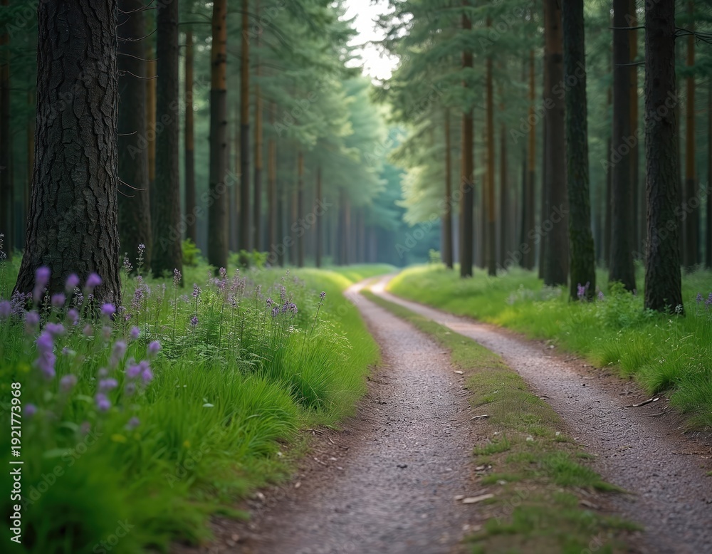 Obraz premium Gravel forest path curves through tall pine trees with green grass and purple wildflowers. This tranquil natural scene offers a sense of calm adventure and exploration.