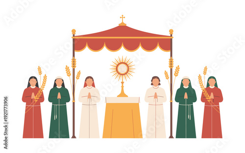 A vector graphic illustration of six robed figures gathered around a golden altar under a red canopy, symbolizing a sacred ritual or ceremony.