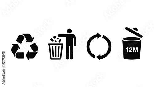 Keywords: Black recycling symbol person throwing trash circular arrows and trash bin with 12 M recycle
