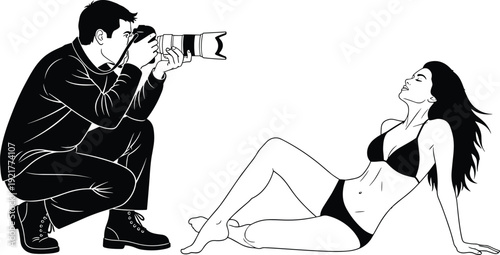Minimalist black silhouette illustration of photographer capturing bikini model during photoshoot, modern lifestyle concept highlighting fashion, creativity, glamour, style, 