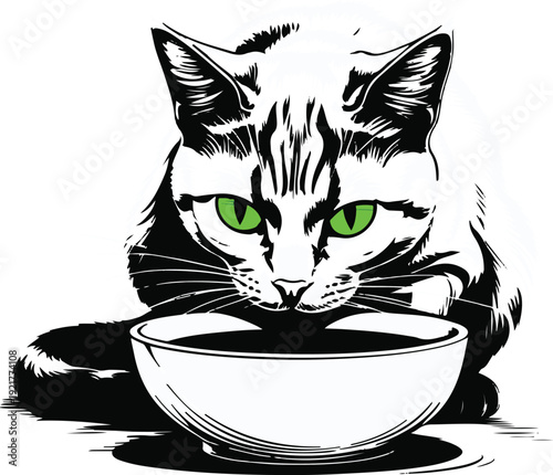 Ultra bold contour illustration of a sitting cat lowering its head into bowl while eating, exaggerated thick black lines, minimal interior detail, monochrome vector  3