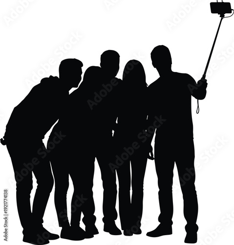 Minimalist black silhouette illustration of group of friends taking selfie with selfie stick, modern social media lifestyle concept highlighting