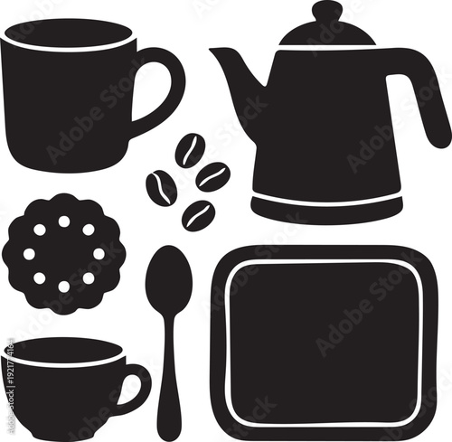 Coffee Tea Icons Mug Teapot Cookie Black