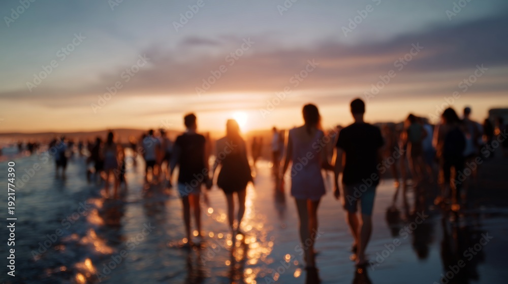 Fototapeta premium People walking on the beach at sunset, ocean reflection of sunlight