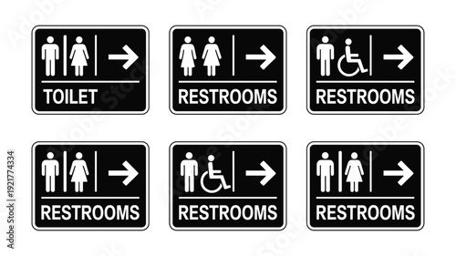Six keywords: black and white restroom signs with for men women and disabled people toilet