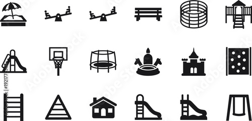 Playground Equipment Icons Collection, Park Play Area Silhouettes Including Slide Swing Seesaw Sandbox Isolated on White Background Set