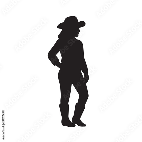 Black vector illustration of a dancing woman silhouette featuring a fashion model pose with elegant body contours and long hair