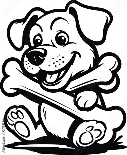 Super thick outline sticker-style vector of a playful dog chewing a bone, simplified cartoon proportions, heavy black stroke, flat black and white, no texture, isolated 1