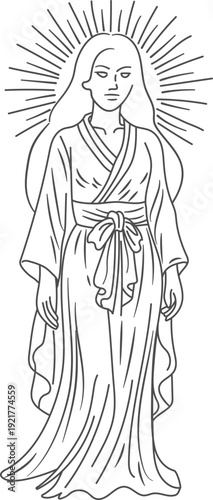 日本神話の太陽神 天照大御神の線画イラスト ぬりえ用ベクター素材 白バック