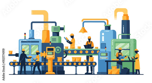 Flat Vector Illustration of Automated Manufacturing Factory Production Line with Workers