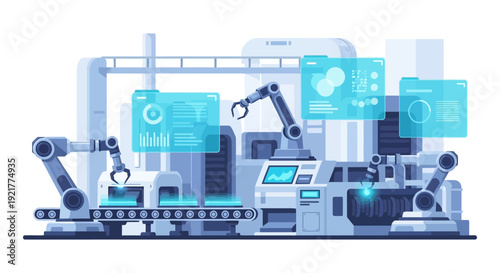 Smart Factory Automation: Robotic Arms, Conveyor Belt, and Digital Data Interfaces for Modern Industrial Production