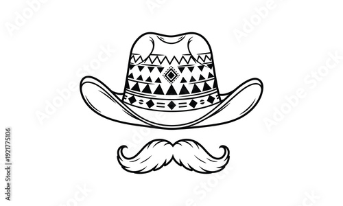 Cowboy hat with patterned band and mustache line art for western theme