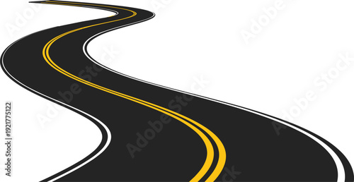 Curved asphalt road illustration, winding highway perspective, transportation travel concept, black vector roadway design isolated on white background minimal style