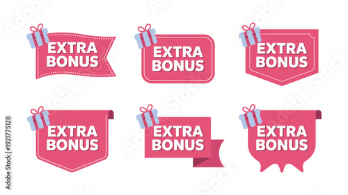 Six pink banners with keywords: white text E X T R A B O N U S and blue gift boxes bonus extra present