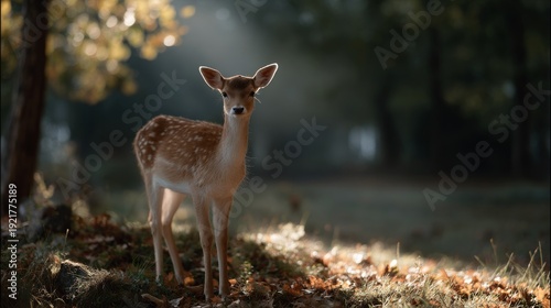 Fallow deer portrait in misty forest clearing at dawn spotlighted