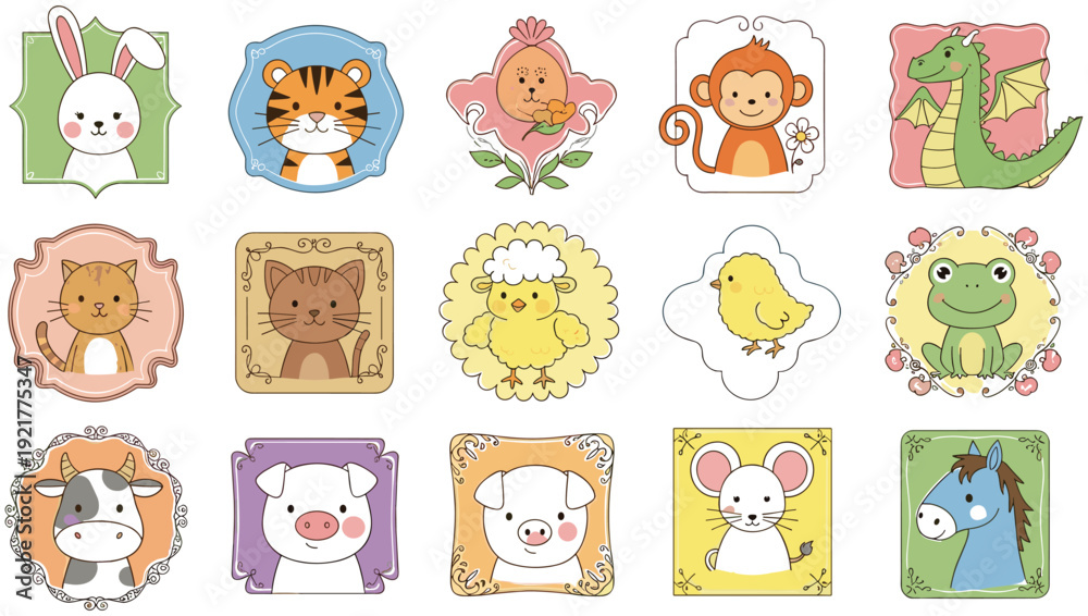 Obraz premium Cute Baby Animal Portrait Frames with Rabbit, Tiger, Monkey, Dragon, Cow, Pig, Mouse and Farm Cartoon Vector Collection