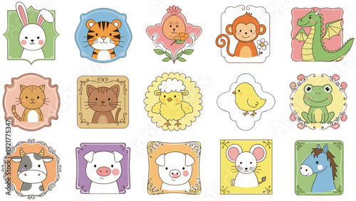 Cute Baby Animal Portrait Frames with Rabbit, Tiger, Monkey, Dragon, Cow, Pig, Mouse and Farm Cartoon Vector Collection