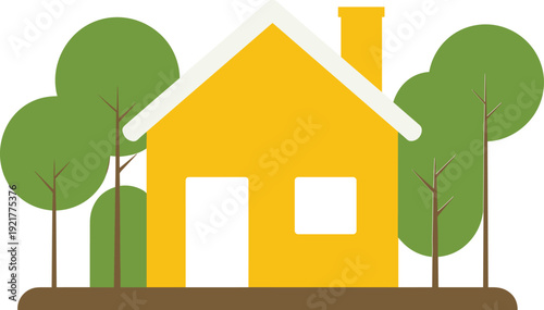 Yellow house illustration, cozy family home icon, flat vector residential building with trees isolated on white background modern style design