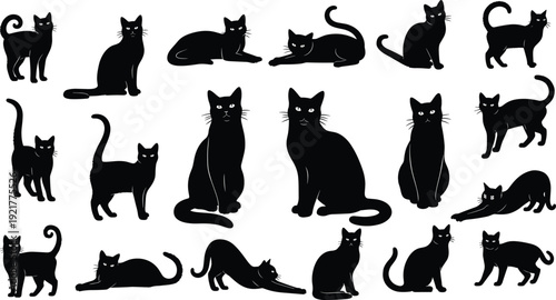Set of black cat silhouettes in various poses including sitting standing stretching and lying down isolated on white background for pet and animal design