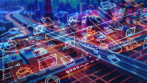 Infographics of social connections against the backdrop of a digital city.