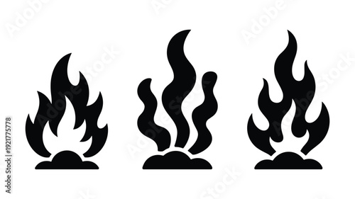 Three stylized keywords: black flame on a white background fire symbol heat burn