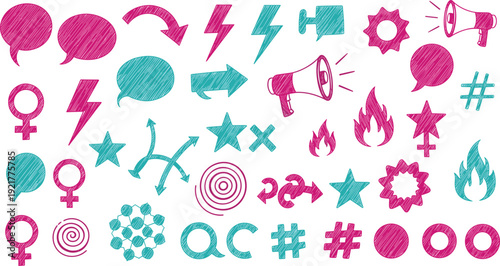 Hand Drawn Doodle Symbol Set with Speech Bubbles, Arrows, Lightning Bolts, Gender Signs, Stars, Fire and Megaphone Sketch Vector Icons
