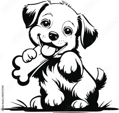 Ultra bold contour illustration of a baby dog chewing a bone happily, exaggerated thick lines, minimal detail, monochrome 1