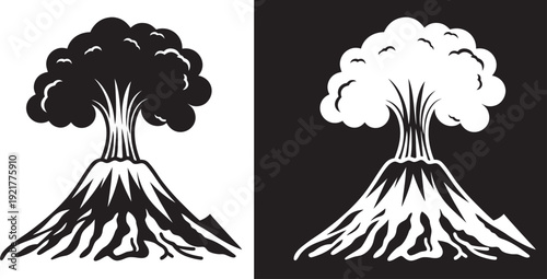 Volcano Eruption vector set, mountain explosion icon,lava black silhouette vector illustration 