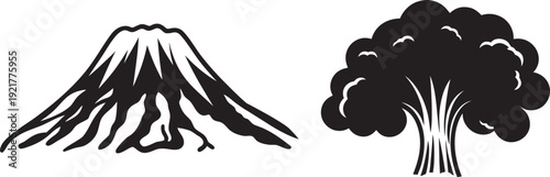 Volcano Eruption vector set, mountain explosion icon,lava black silhouette vector illustration 