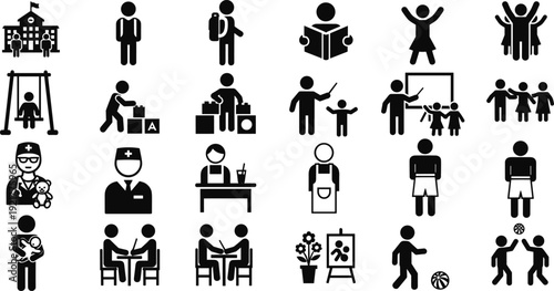 Set of people icons representing school, family, education, healthcare, work and daily activities, black silhouette pictogram collection illustration