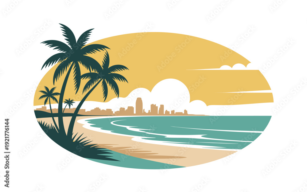 custom made wallpaper toronto digitalA vibrant beach scene with palm trees and city skyline in the background, depicted in a flat, minimalist vector graphic style.